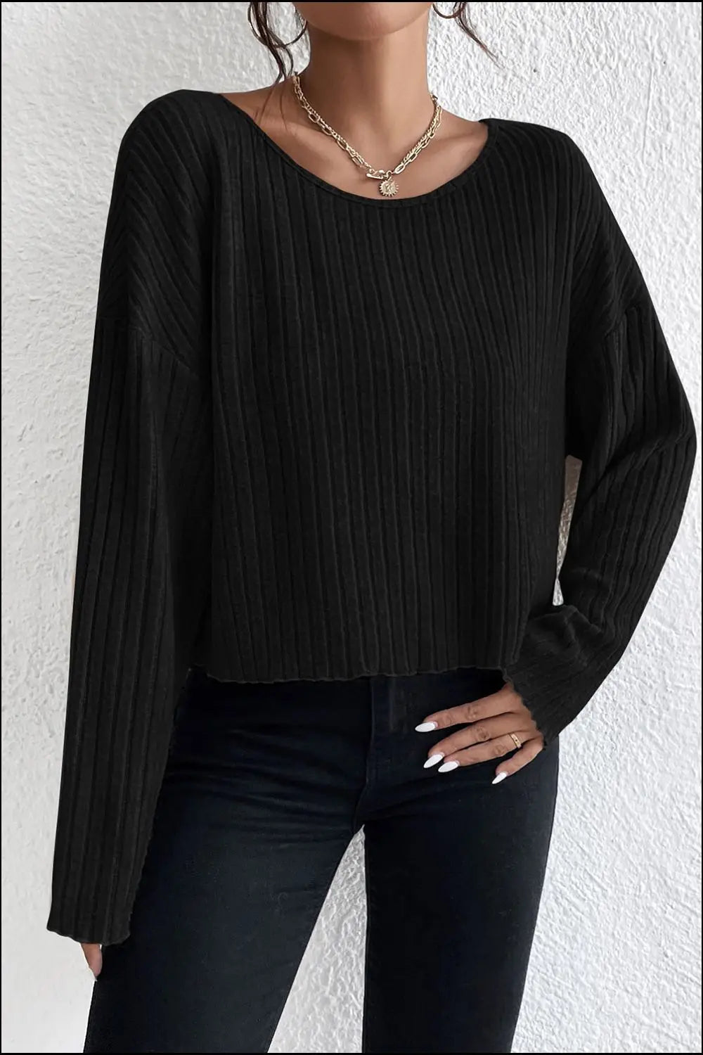 Ribbed Round Neck Drop Shoulder Long Sleeve Top-Nordavory