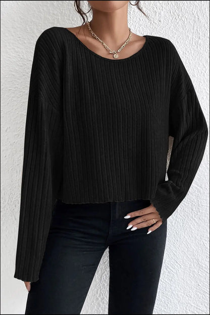 Ribbed Round Neck Drop Shoulder Long Sleeve Top-Nordavory