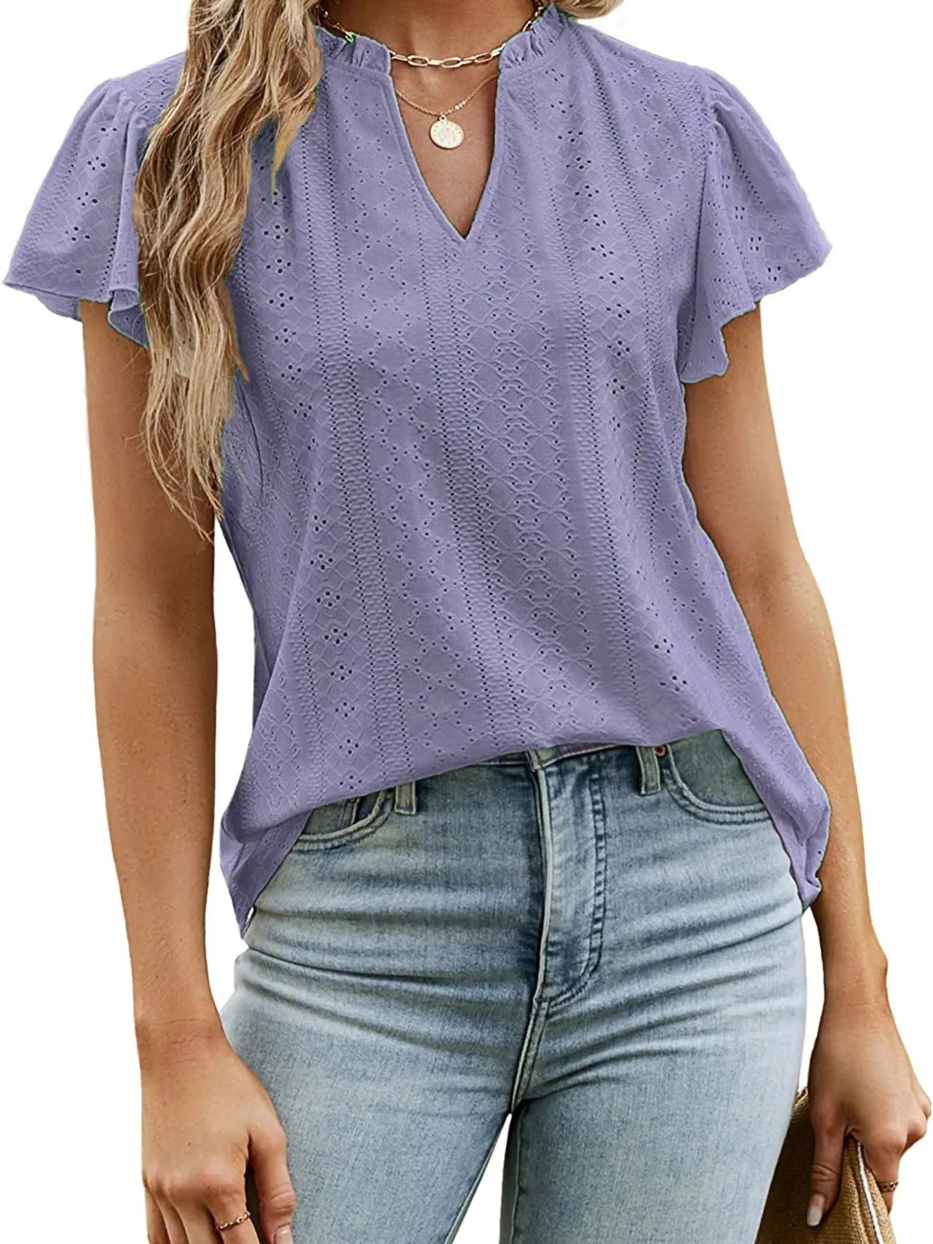 Eyelet Notched Short Sleeve T-Shirt-Nordavory