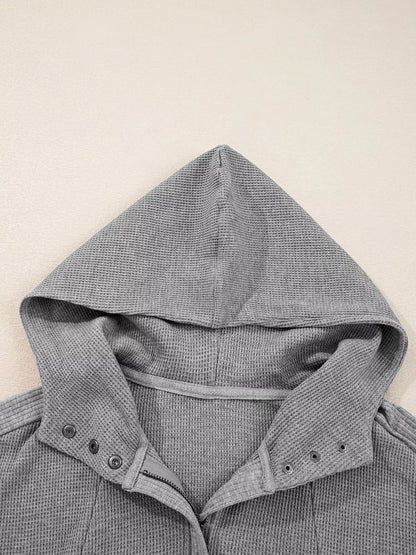 Waffle Splicing Zip Up Front Button Hooded Jacket-Nordavory