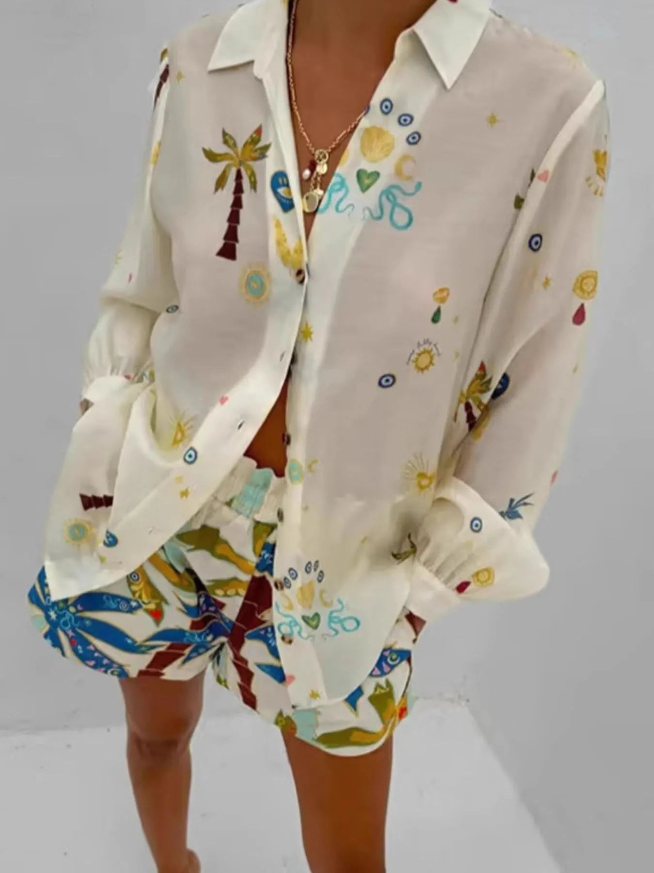 Printed Button Up Shirt and Shorts Set-Nordavory