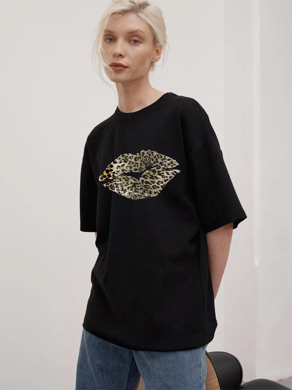 Leopard Lips Round Neck Oversized T-Shirt-Nordavory
