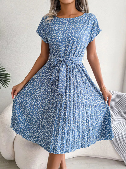 Floral Print Pleated Midi Dress with Belt-Nordavory