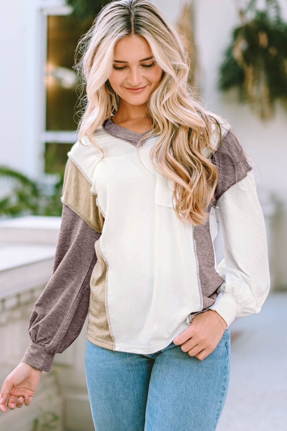 Color Block Exposed Seam Blouse-Nordavory