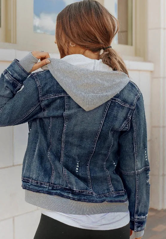 Fake Two-Piece Hooded Zip-Up Denim Jacket-Nordavory