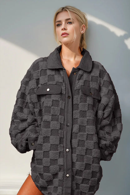 Double Take Button Up Fuzzy Checkered Shacket-Nordavory