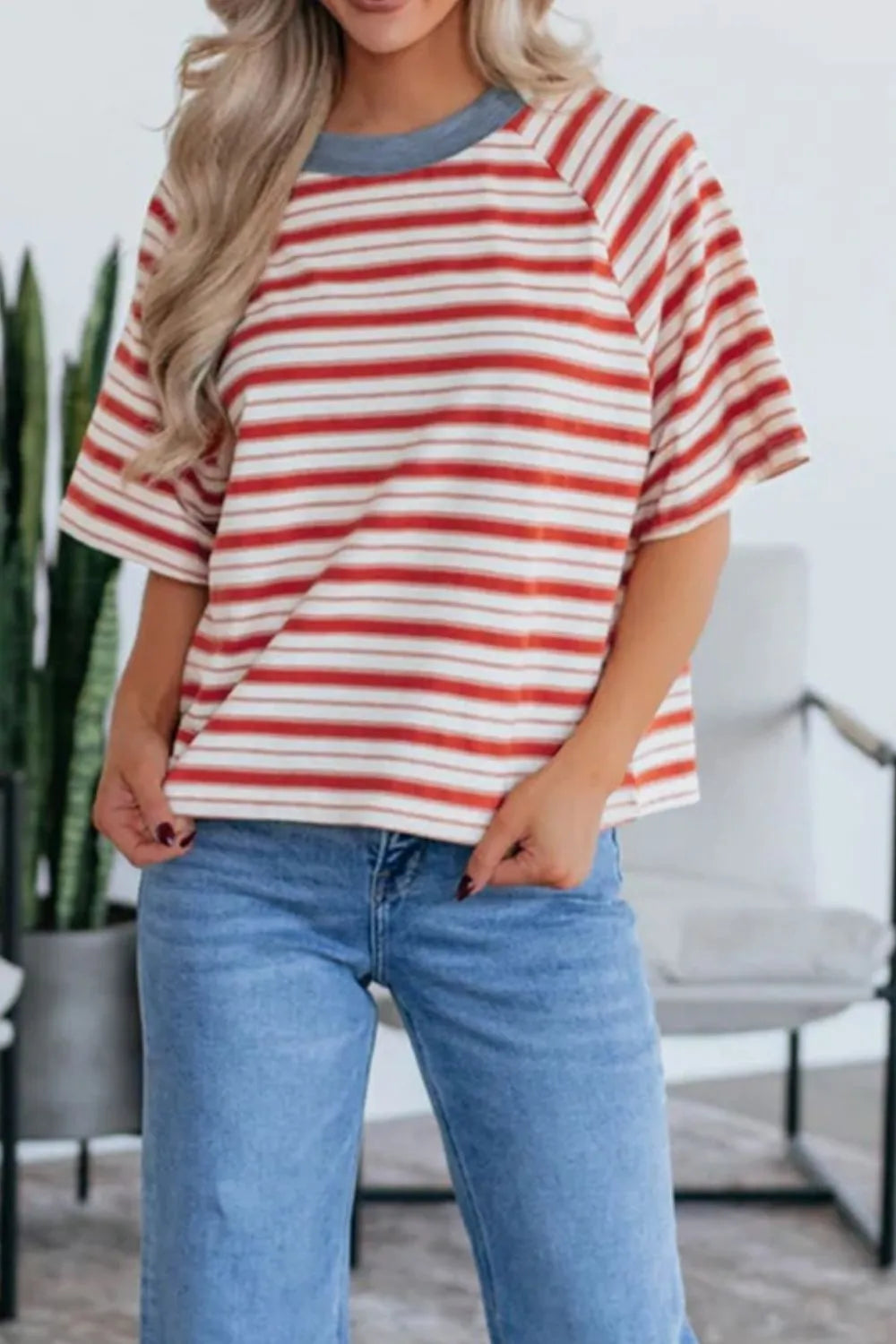 Stripe Print Contrast Collar Raglan Sleeve T Shirt-Nordavory