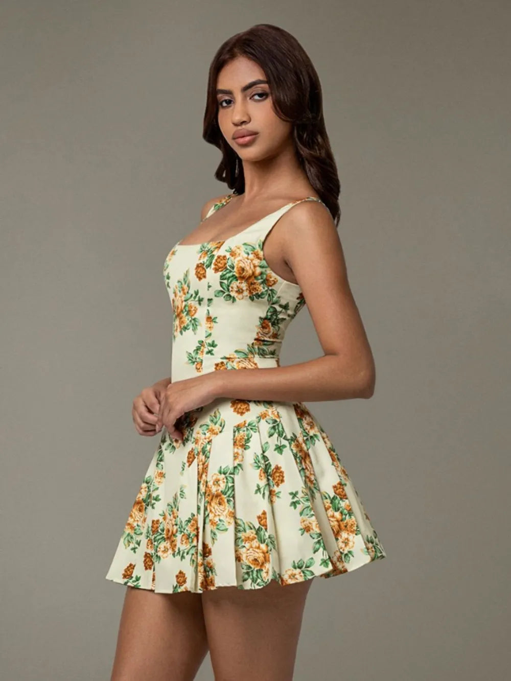 Floral Sleeveless Mini Pleated Dress-Nordavory