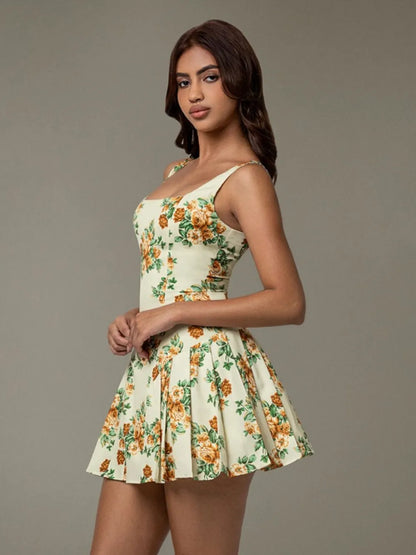 Floral Sleeveless Mini Pleated Dress-Nordavory