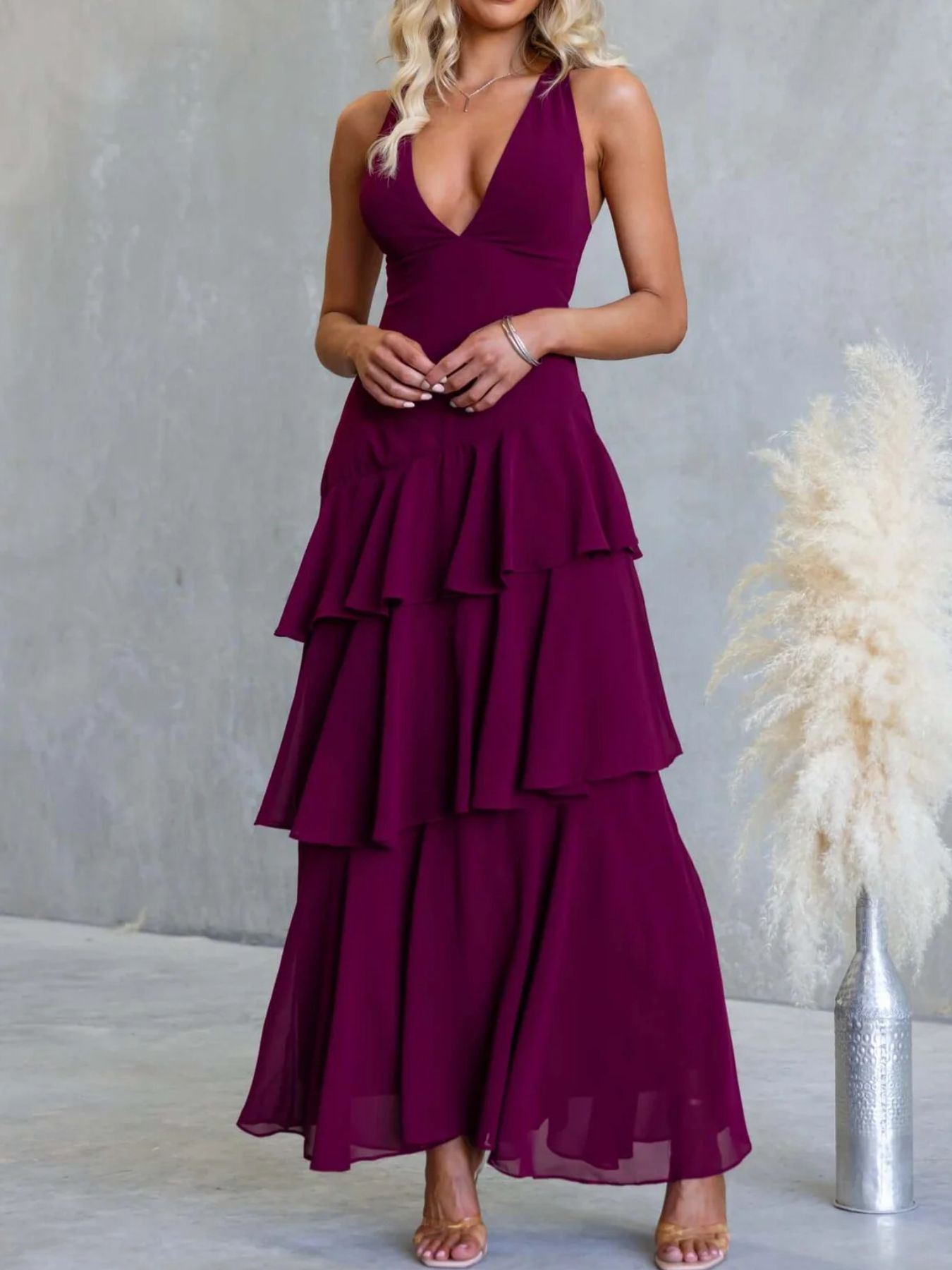 Sleeveless Ruffled Layered Backless Maxi Dress-Nordavory