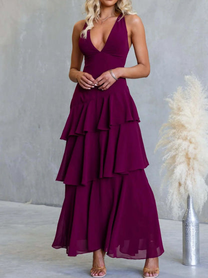 Sleeveless Ruffled Layered Backless Maxi Dress-Nordavory