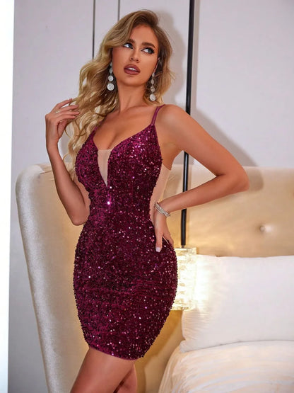 Lace-Up Sequin Plunge Sleeveless Dress-Nordavory