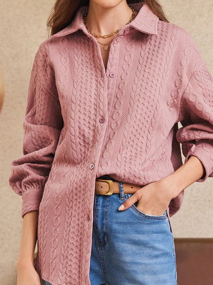 Cable Texture Puff Sleeve Loose Shacket-Nordavory