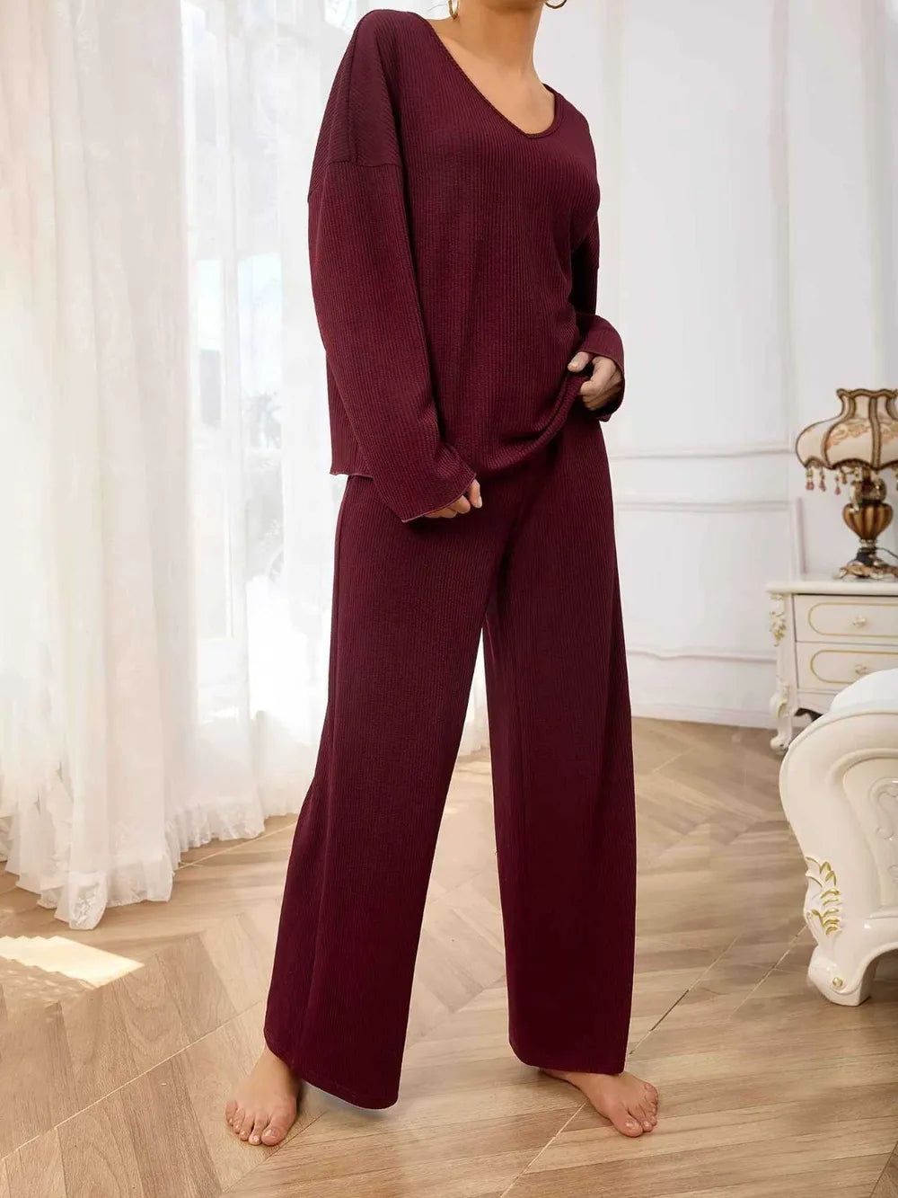 V-Neck Long Sleeve Top and Wide Leg Pants Set-Nordavory