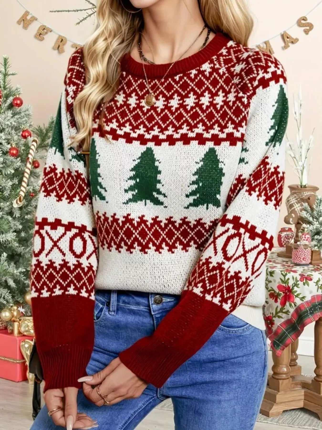 Christmas Tree Pattern Round Neck Sweater-Nordavory