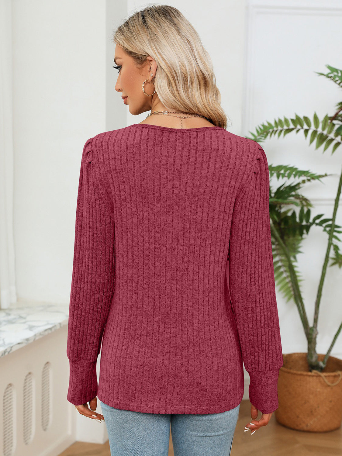 Lace Detail V-Neck Ribbed Blouse-Nordavory