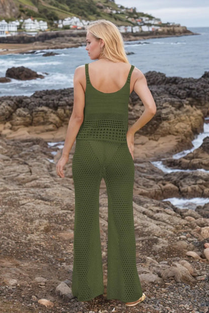 Hollow Out Round Neck Top and Pants Sweater Cover Up Set-Nordavory