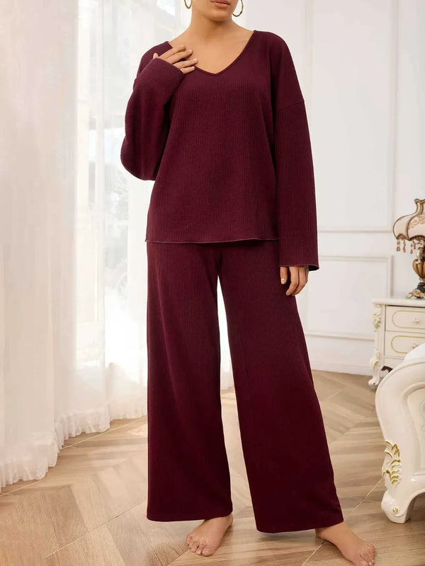 V-Neck Long Sleeve Top and Wide Leg Pants Set-Nordavory