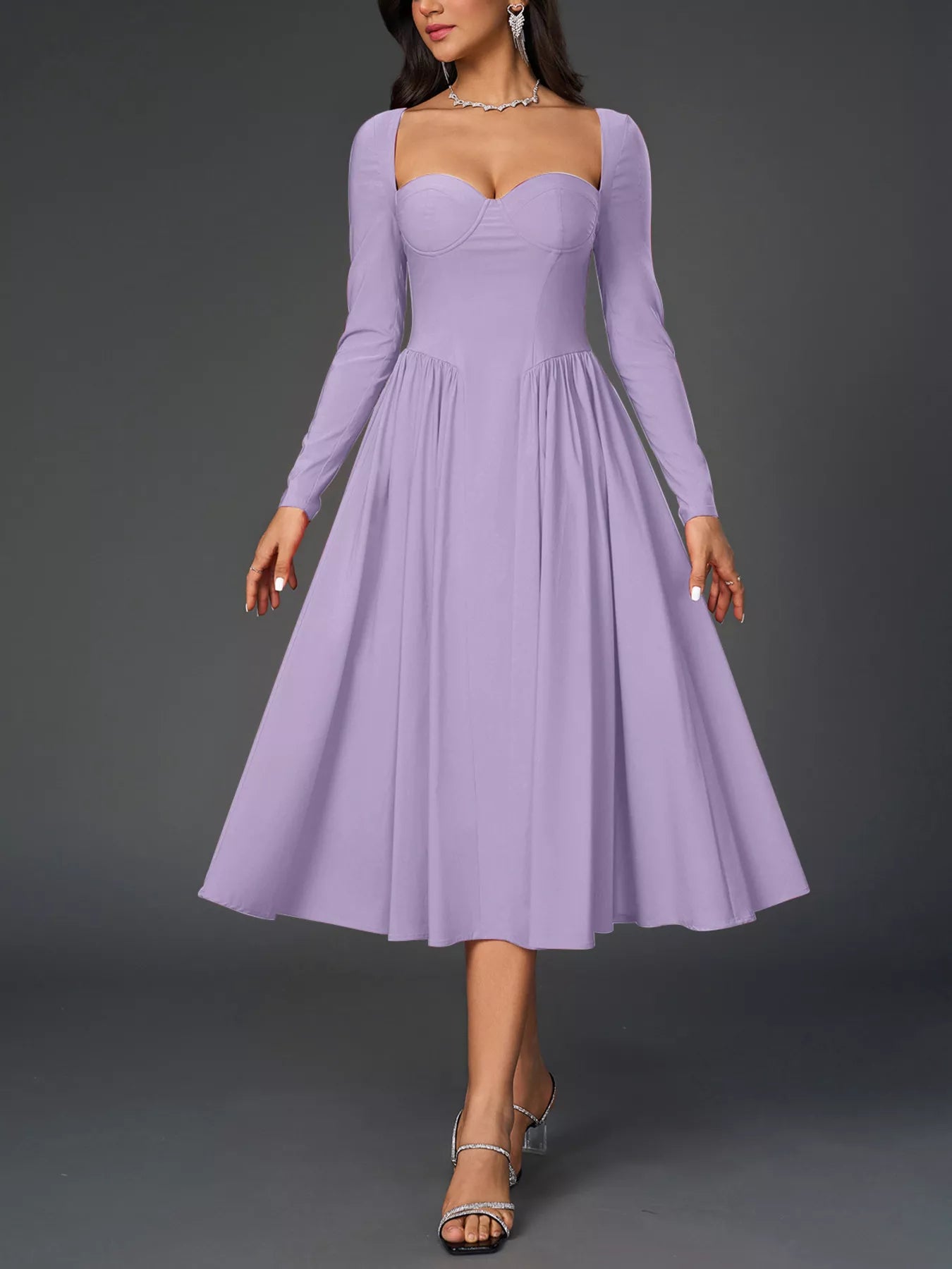 Sweetheart Neckline Long Sleeve A-Line Midi Dress-Nordavory