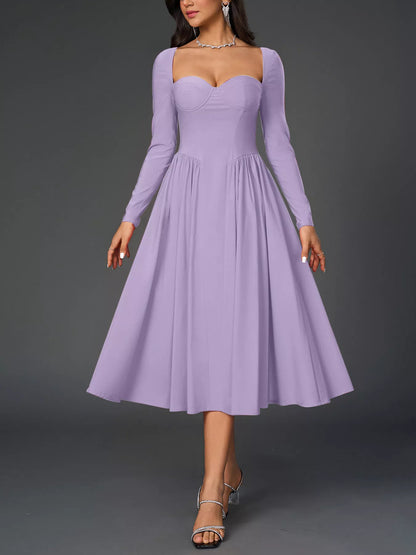 Sweetheart Neckline Long Sleeve A-Line Midi Dress-Nordavory
