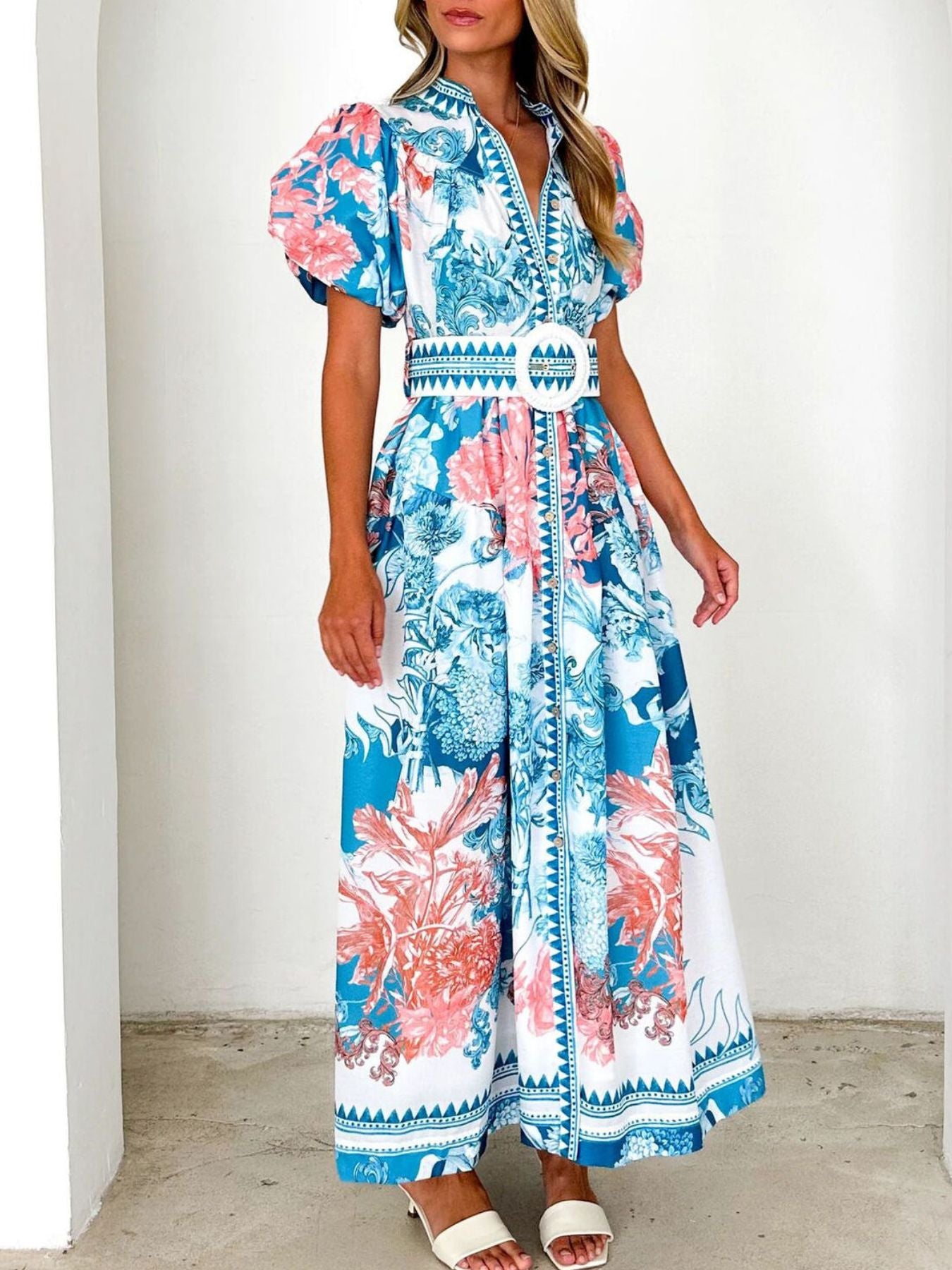 Printed Puff Sleeve Midi Dress-Nordavory