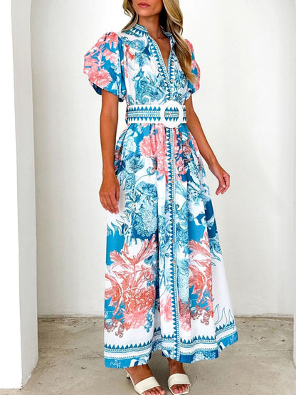 Printed Puff Sleeve Midi Dress-Nordavory
