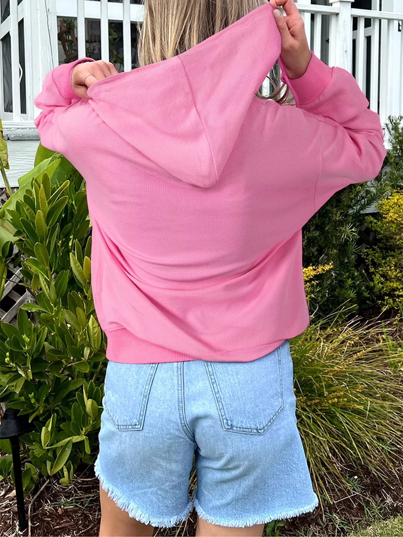 Solid Color Ribbed Zip Up Drawstring Hooded Jacket-Nordavory