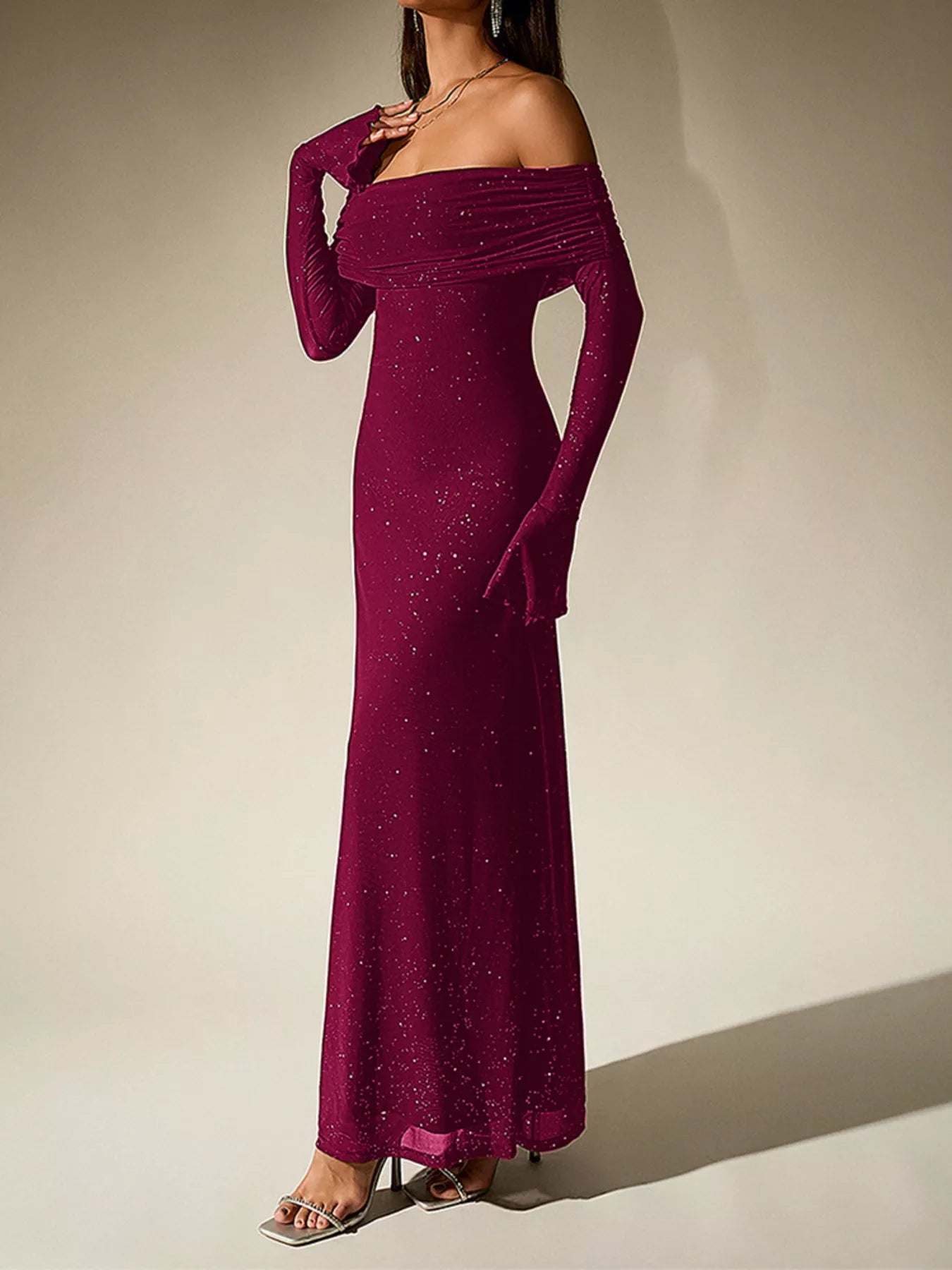 Glitter Off-Shoulder Maxi Dress-Nordavory