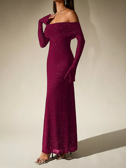 Glitter Off-Shoulder Maxi Dress-Nordavory