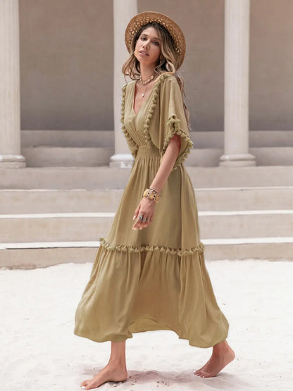 Tassel Trim Smocked V-Neck Short Sleeve Dress-Nordavory