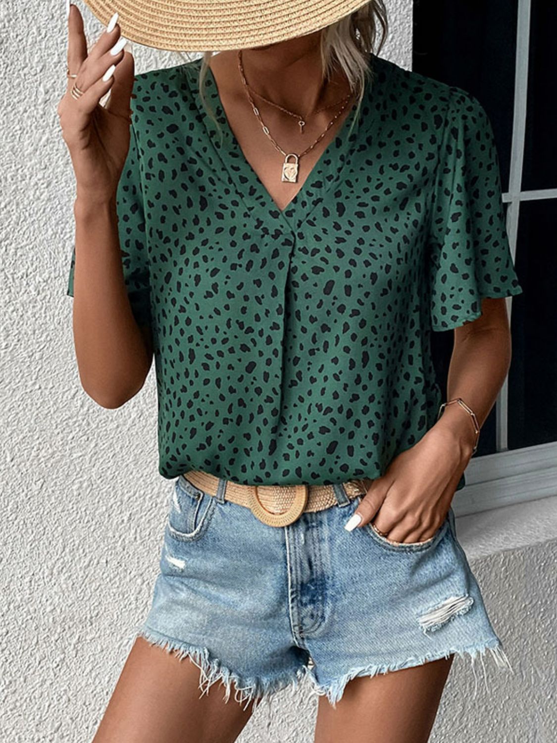 Perfee Animal Print V-Neck Flutter Sleeve Blouse-Nordavory