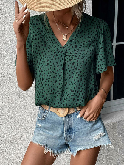 Perfee Animal Print V-Neck Flutter Sleeve Blouse-Nordavory