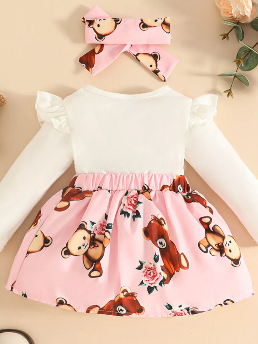 Children's Bear Long Sleeve Dress with Headband - White / 3-6M - Image 2