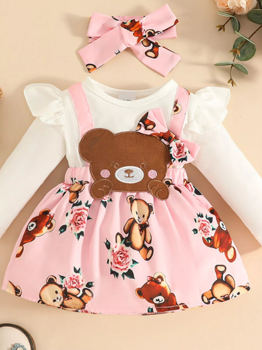 Children's Bear Long Sleeve Dress with Headband - White / 3-6M - Image 1