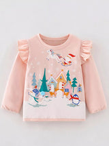 Children's Christmas Print Ruffle Long Sleeve T-Shirt - Nordavory