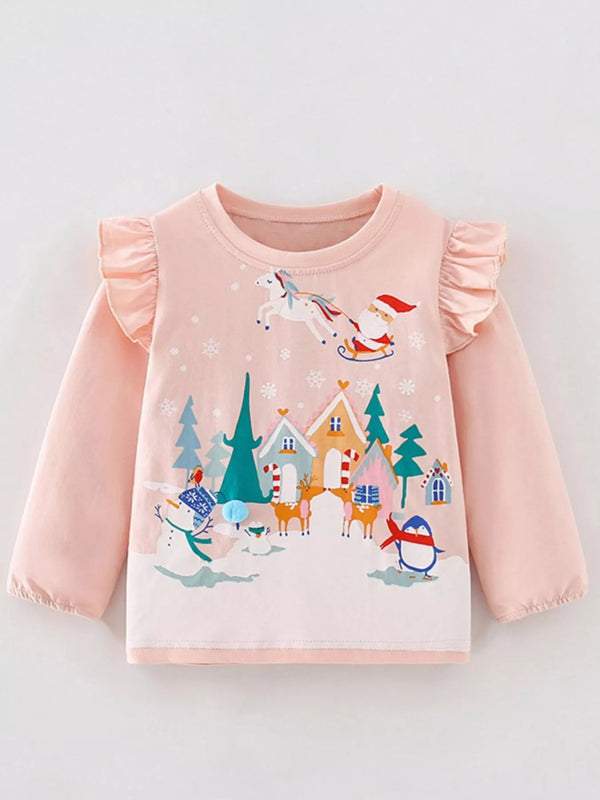 Children's Christmas Print Ruffle Long Sleeve T-Shirt - Nordavory