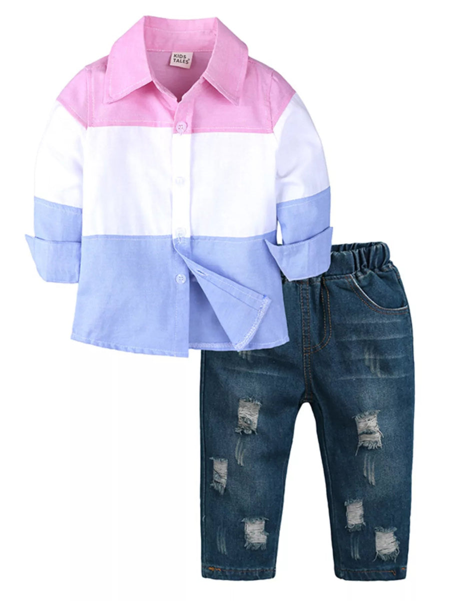 Children's Color Block Shirt & Ripped Jeans Set - Nordavory