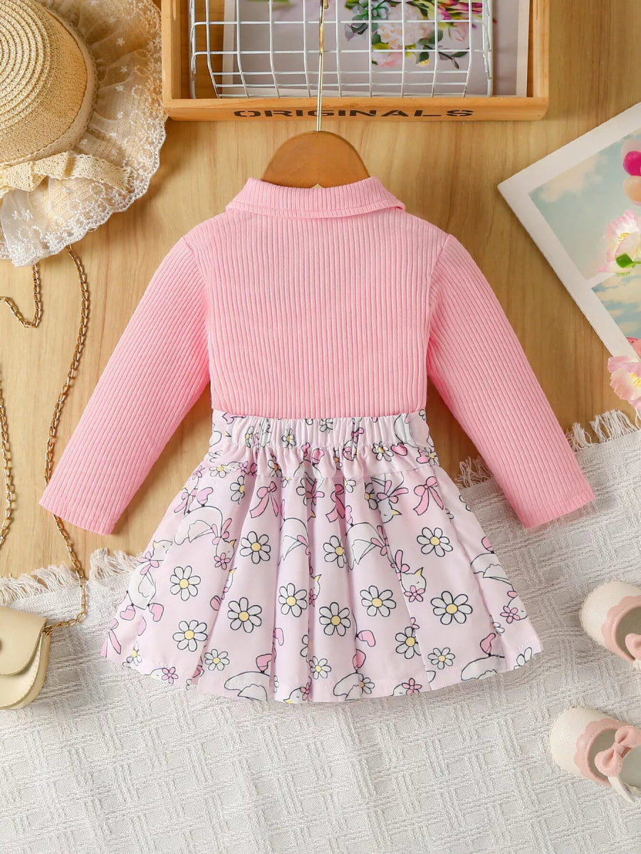 Children's Embroidered Ribbed Polo Shirt & Pleated Skirt Set - Nordavory