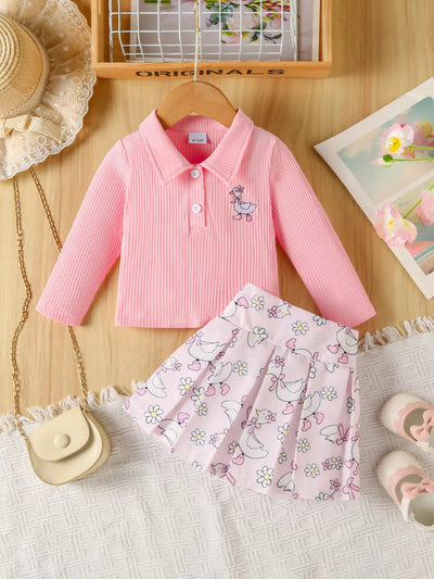 Children's Embroidered Ribbed Polo Shirt & Pleated Skirt Set – Nordavory