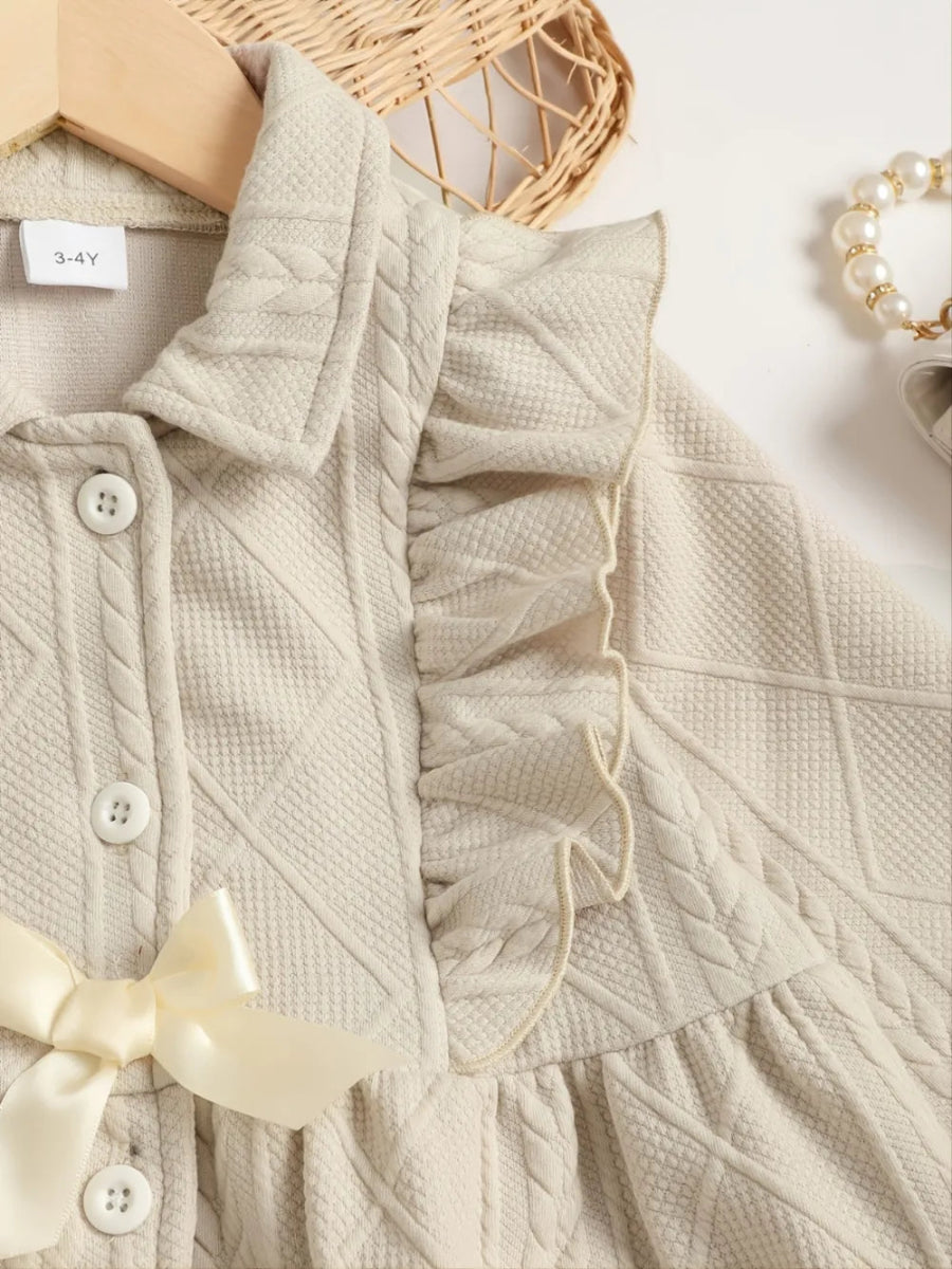 Children's Ruffled Bow Collared Neck Dress - Beige / 12-18M - Image 3