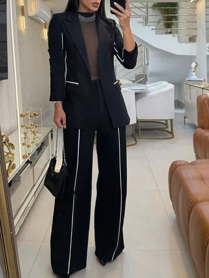 Contrast Trim Blazer & Wide Leg Pants Set-Nordavory