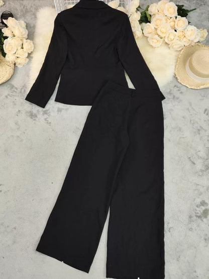 Contrast Trim Blazer & Wide Leg Pants Set-Nordavory