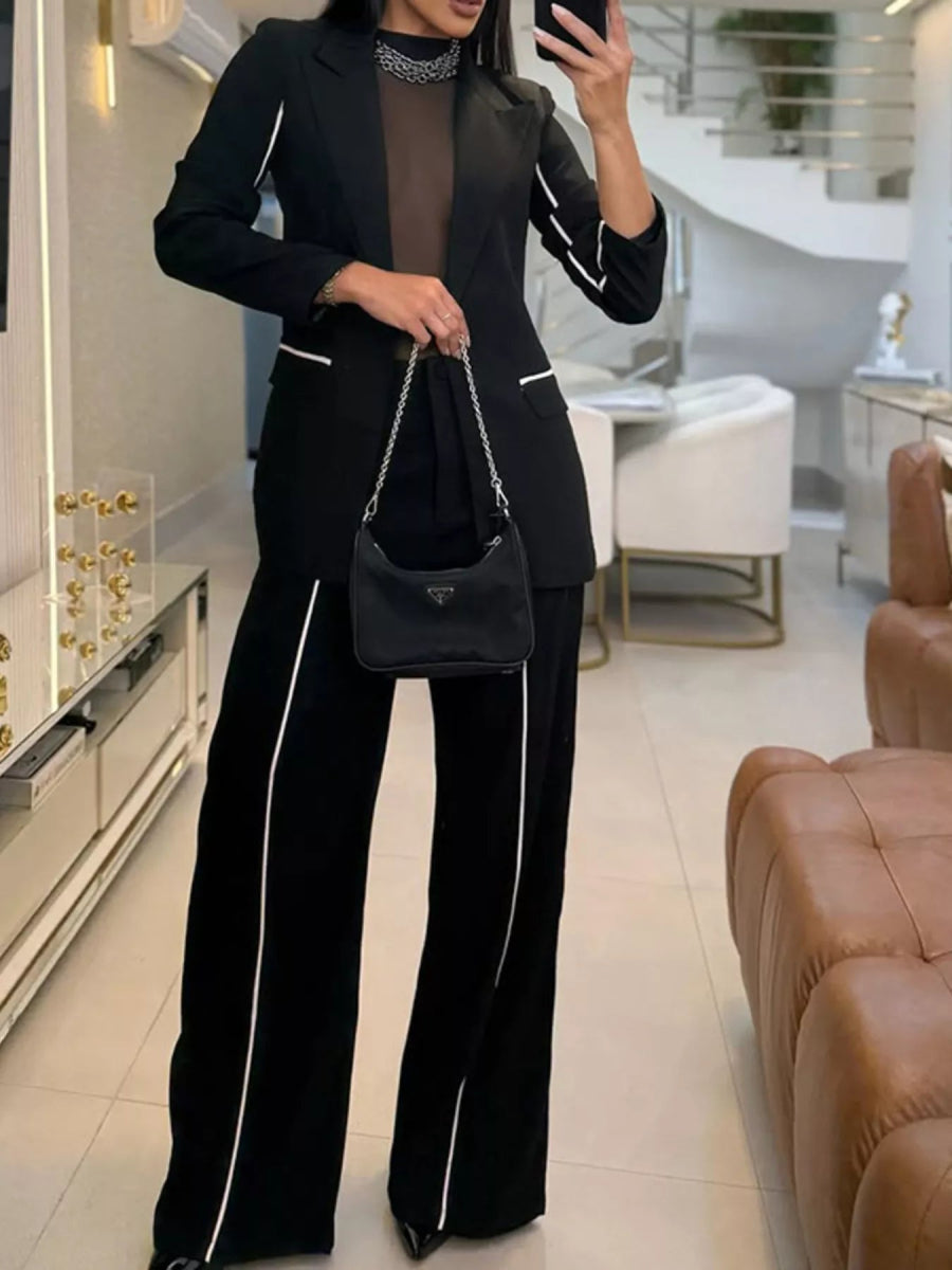 Contrast Trim Blazer & Wide Leg Pants Set-Nordavory
