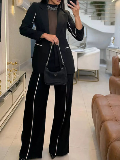 Contrast Trim Blazer & Wide Leg Pants Set-Nordavory