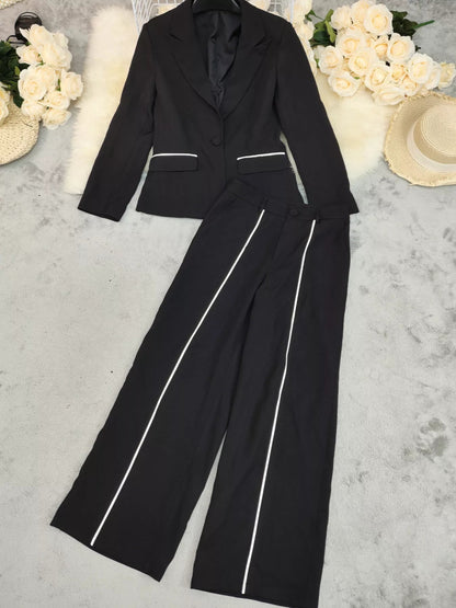 Contrast Trim Blazer & Wide Leg Pants Set-Nordavory