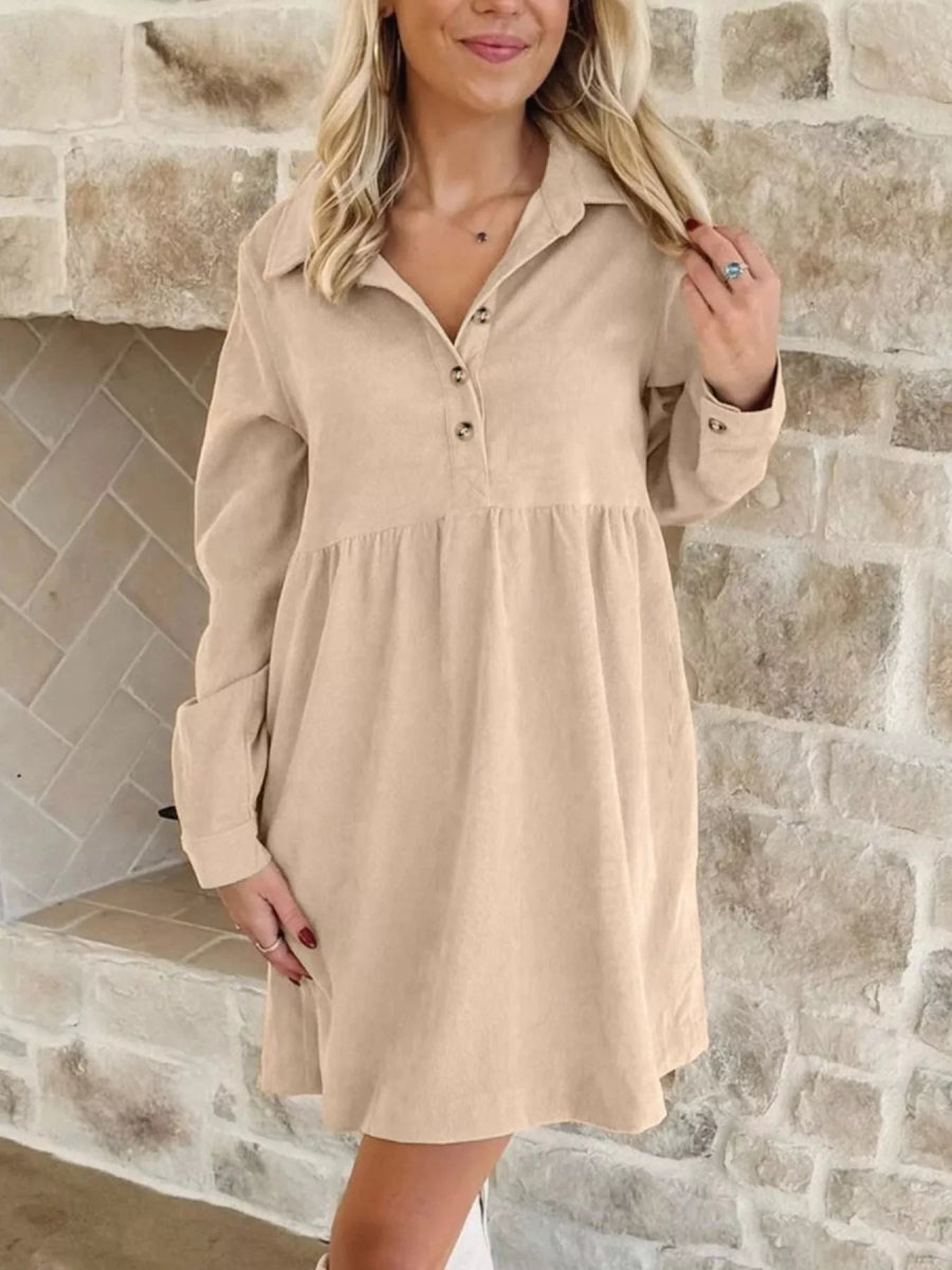 Corduroy Half Button Collared Long Sleeve Mini Dress-Nordavory