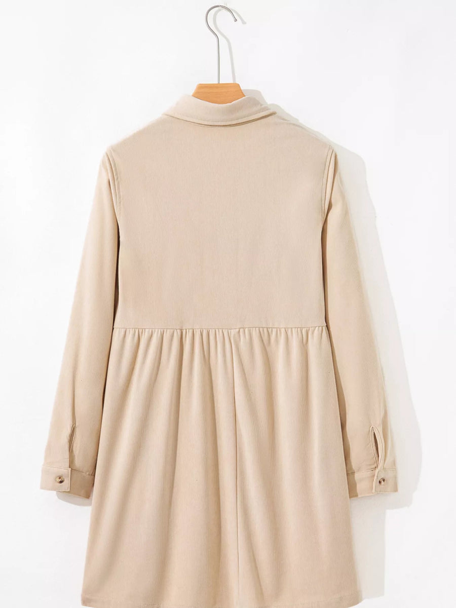Corduroy Half Button Collared Long Sleeve Mini Dress-Nordavory