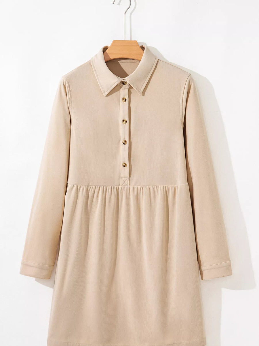 Corduroy Half Button Collared Long Sleeve Mini Dress-Nordavory