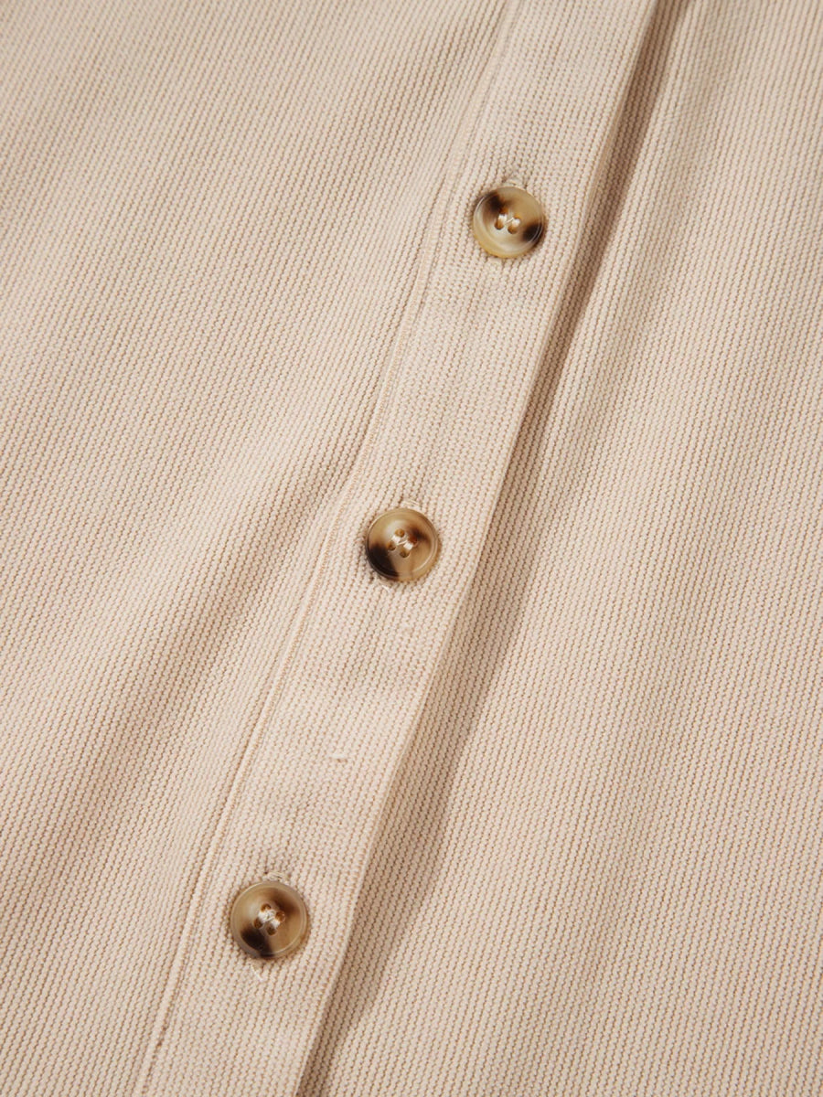 Corduroy Half Button Collared Long Sleeve Mini Dress-Nordavory