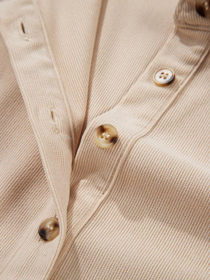 Corduroy Half Button Collared Long Sleeve Mini Dress-Nordavory